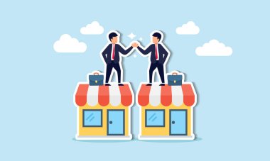 B2B satışları iş anlaşmaları, girişim ticareti ve şirketler ve tedarikçiler arasındaki ticaret, B2B anlaşması için işletme atölyesinde işadamı el sıkışması içeriyor.