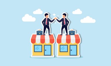 B2B satışları iş anlaşmaları, girişim ticareti ve şirketler ve tedarikçiler arasındaki ticaret, B2B anlaşması için işletme atölyesinde işadamı el sıkışması içeriyor.