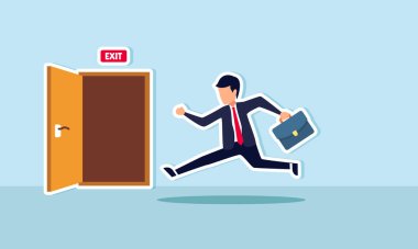 İş başarısı ya da kaçış rutini için rutin işi bırak. Takım elbiseli iş adamı kavramı acil çıkışa koşuyor.