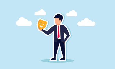 Sahtekar sendrom, hilekarlık, sahtekarlık, ikiyüzlülük, sahtekarlık, sahte anlaşmalar, umutsuz iş adamı konsepti, gülümseyen bir maske, başka bir kimliğe bürünmeyi ya da onu benimsemeyi düşünür.