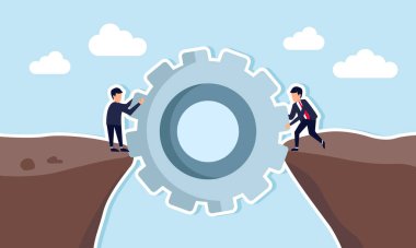 Risk yönetimi yeniliği, takım çalışması ve iş dünyasının başarısı için problem çözme kavramı, çarklı köprüyü tehlikeli uçurumlara kurar