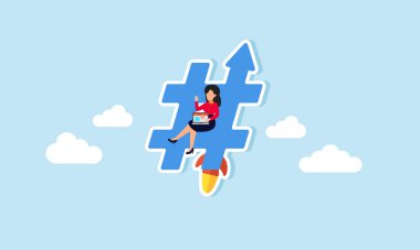 Etkili dijital pazarlama stratejisi için popüler hashtag 'leri kullanmak, genç bir pazarlamacının yukarı doğru fırlayan bir dizüstü bilgisayarla hashtag' leri yönetmesi kavramı