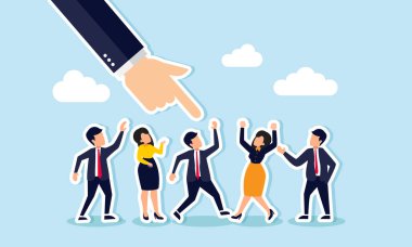 İş adaylarının seçilmesi, HR alımı, yeni çalışanlar işe alınması, kariyer fırsatları, röportajlar, yetenek avcılığı, seçilmiş adayı gösteren iş adamı konsepti