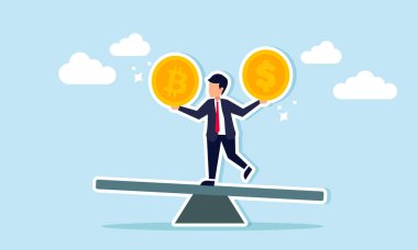 Bitcoin veya kripto para birimiyle yatırım portföyünün yönetilmesi, kripto piyasa takası, İşadamı yatırımcı veya tüccar portföyünün dolar parası ve Bitcoin ile dengelenmesi