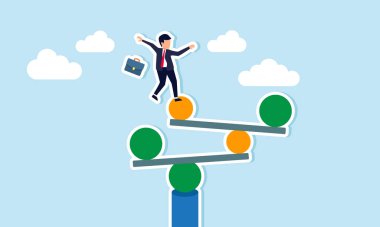 İş hayatı dengesi, denge, odak ve istikrar arasında denge sağlanması, zorluklar, istikrarlı ölçeklerde kendine güvenen işadamı dengesi kavramı, hayatın dengesi için bir metafor