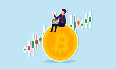 Bitcoin ve kripto para yatırımı, yükselen Bitcoin fiyatlarından kar elde etmek için ticaret, iş adamı yatırımcı kavramı bilgisayar kullanarak büyük Bitcoin üzerinde kripto ticareti yapan şamdan fiyat grafiği