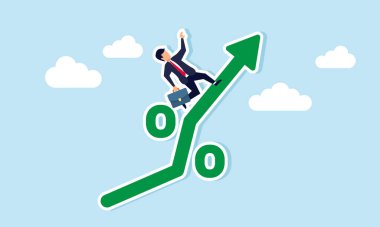 Faiz oranı artışı veya enflasyon sırasında başarılı yatırımlar, ekonomik koşullarda büyüyen, yüzde grafiğinde yükselen İşadamı yatırımcı kavramı