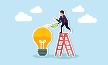 Idea development, creativity, and knowledge for new business ideas and career growth, concept of Smart businessman on ladder watering to fill idea light bulb with liquid