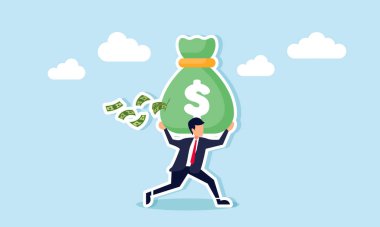 Yatırım hataları, vergiler, harcamalar ve bilinmeyen maliyetler para akıtma konsepti, büyük bir deliğe sahip bir para çantası taşıyor, banknotlar dökülüyor.