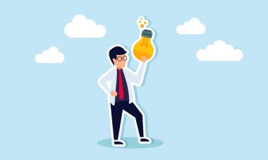 Yaratıcı fikirler üzerinde deneyler yapmak, ürünler icat etmek için araştırmalar yapmak ve bir iş adamının yeni bir ürün icat etmek için yeni bir fikir ampulü ile yaptığı iş deneyleri kavramını analiz etmek.