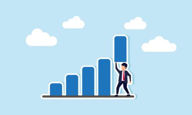 Satışları büyüt ve arttır, gelirleri arttır, daha fazla kâr için bir pazarlama planı geliştir, kendinden emin bir iş adamı kavramı bar grafiğinin yeni bir üst seviyeye çıkmasına yardımcı olur.