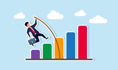 İş büyümesi, yüksek kazanç ve kar artışı, mali başarı iyileşme sonrası, iş adamı direği konsepti, büyüyen bir çubuk grafiği üzerine atlıyor