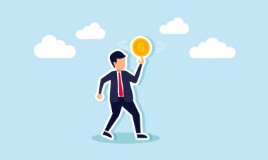 Finansal planlama yatırım stratejileri, kâr kararları, borç geri ödeme, ve zenginlik tefekkür, kendinden emin bir işadamı kavramı parmağında büyük bir para döndürür..