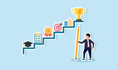 Kariyer planlaması fırsatlar yaratma, profesyonel ve ticari başarı elde etme, bir iş adamı konsepti merdivenlerde başarı yolunda adımlar atıyor.