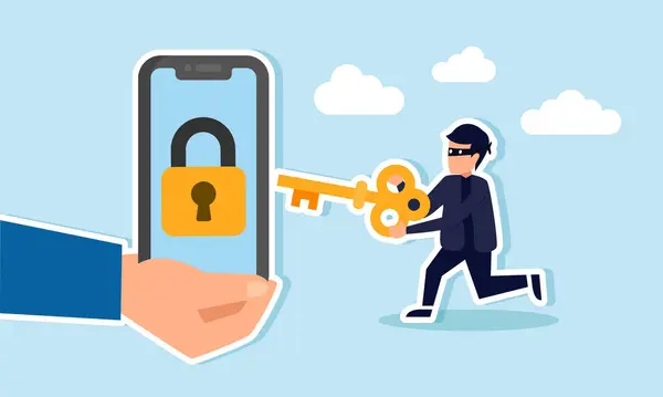 Çevrimiçi, sahte veya dijital bankacılık tehditleri çalan sanal güvenlik korsanı, kilit ve anahtar deliğiyle cep telefonu tutan bir el konsepti, parayı açmak ve çalmak için anahtar kullanan bir suçluyu tasvir eden.
