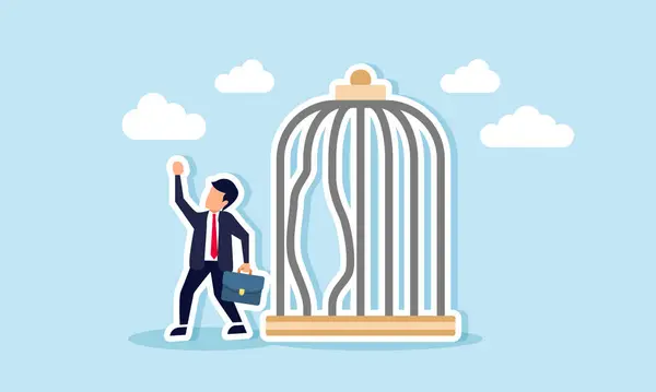 stock vector Escape the routine comfort zone to experience new challenges and embrace freedom, concept of A strong, ambitious businessman bends the bars and escapes from a birdcage trap