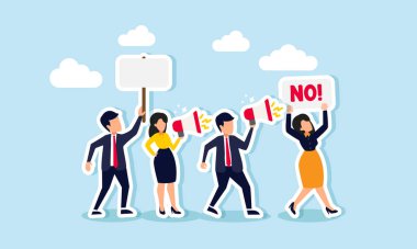 Çalışan protestosu, iş grevi veya sivil haklar, demokrasi veya siyasi aktivizm gösterisi, protesto işaretleri taşıyan, megafonla bağıran insanlar konsepti