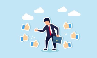 İş arkadaşlarını takdir etmek, saygı duymak ve onurlandırmak büyük insanlar, hayranlık ve minnettarlık göstermek, meslektaşları tarafından saygı duyulan bir iş adamı konsepti, yardımı ve başarısı için başparmaklarını kaldırır.