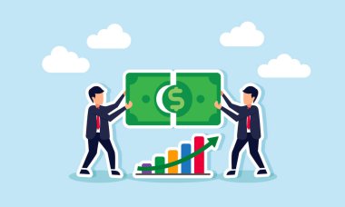 Zenginlik yönetimi finans danışmanları para sorunlarını planlama ve yatırım stratejileri ile çözer, iş adamı zenginlik uzmanı takımı kavramı para bulmacası çözer ve kar büyüme grafiği çizer.