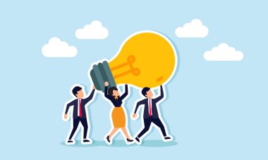 Yenilikçi fikirler, takım başarısını iş çözümleri ve icatlarının şirket hedeflerine ulaşmasına yardımcı olur. Takım çalışmasında iş adamları kavramı büyük, akıllı bir ampul yeniliği taşır.