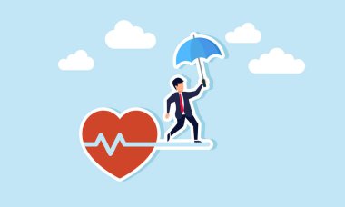 Sağlık sigortası sigorta sigortası, sağlık sigortası, hasta güvenliği, ve hastalık bakımı, şemsiye koruması olan güçlü adam kavramı riskli kalp atışı hızını ip yürüyüşü olarak takip ediyor.