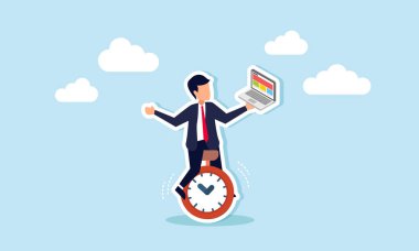 Zaman yönetimi: projelerin son teslim tarihleri içinde tamamlanması, üretkenliğin ve verimliliğin artırılması, hız ve aciliyetle, akıllı bir işadamının bir dizüstü bilgisayar üzerinde çalışırken saat başında çalışması kavramı