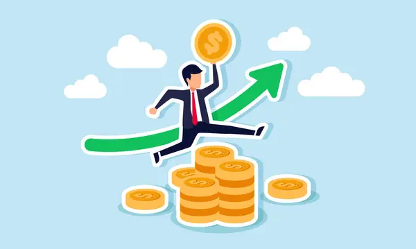 Emeklilik, yatırım fonları, borsa dönüşleri ve finansal kazanımların servetini artırmada başarı, zengin bir işadamı konsepti büyüme grafiğiyle bir yığın madeni paranın üzerine yükselir.