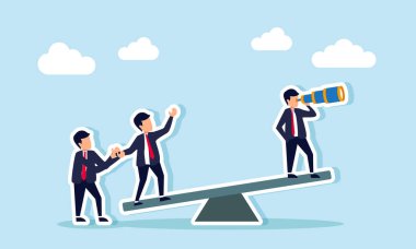 Başarı ve hedefe ulaşmak için liderleri desteklemek için takım çalışması veya ortaklık, takım veya meslektaşlar tarafından yardım veya yardım, işbirliği veya birliktelik kavramı, iş adamları takım üyeleri tahterevallinin başarı için bastırılmasına yardım eder.