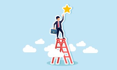 Hedeflere, başarılara, fırsatlara, yeni umutlara ve kariyer gelişimine ulaşmak için başarı merdivenine tırmanan işadamı konsepti, yıldız hedefine ulaşmak için basamakları tırmandı.