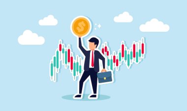 Borsa simsarı, hisse senedi satın almak ve satmak için teknik analizi kullanır. Yatırım ve refah yönetimi üzerine yoğunlaşır. İşadamı konsepti, para dolarını grafikle ve grafikle tutar..