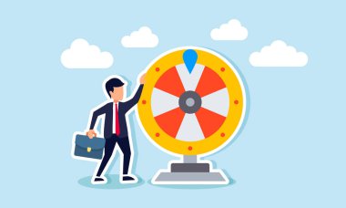 Life depends on luck the fortune wheel randomness, chances, and opportunities for a new job, investment success, or gambling, concept of excite businessman looking at spinning fortune wheel waiting for luck clipart