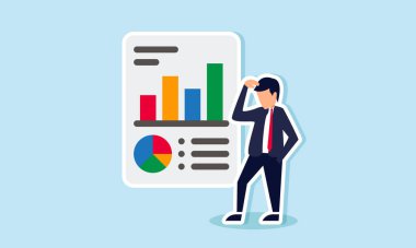 Karmaşık veri analizi turta grafikleri ve grafik konsepti ile Karmaşık veri raporu ile kafası karışmış bir iş adamı