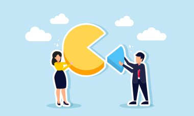 Şirket konseptinde, bir iş kadını, bir pasta grafiğinin büyük bir kısmını elinde tutan bir iş kadını ve daha küçük bir parça taşıyan bir işadamının görevlerini tamamlamak.