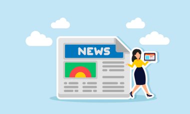 Gazete yazıları, basım için haber hikayeleri hazırlamak, dizüstü bilgisayarlı bir kadın yazarın doğru ve cilalı metin kavramları yaratmak,