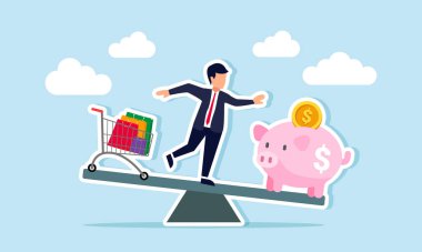 Yatırım yapmak ya da para biriktirmek ile tahterevallinin bir ucunda domuz kumbarası, diğer ucunda da alışveriş sepeti olan tahterevalli konseptine harcamak arasında seçim yapmak.