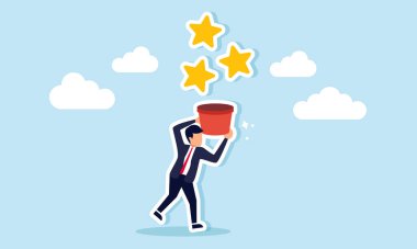 Hizmet reytingleri ve mükemmellik için rekabet etmek, yüksek performans kalitesi konsepti için çabalamak bir iş adamının yıldızları yakalamak için uzanması, en yüksek reytinglerin peşinde koşmayı sembolize etmesi