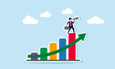 Teleskop tutan bir işadamı, yükselen bir eğilimi gösteren bir grafiğin tepesinde duruyor, bir şirketin gelişimini kâr ve şirket değeri artarken izleme fikri