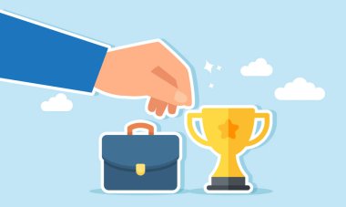 Ödül ve evrak çantası arasında karar veren bir işadamı, ödülün memnuniyeti ile işkolik olarak daha fazla iş yapmanın yükü arasında seçim yapma konsepti