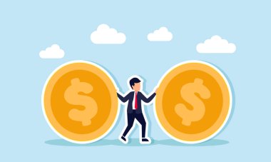 Bir işadamı kendisine doğru gelen iki büyük madeni parayı elinde tutuyor rüşvet ve yolsuzluğun cazibesine karşı koymak için çabalama konsepti.