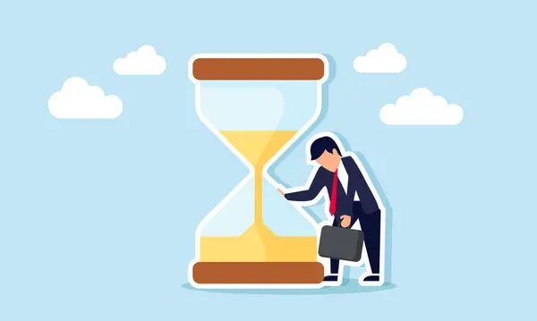 stock vector A pessimistic businessman slumped over holding an hourglass, Illustration concept of Pessimistic about completing the project on time or finishing work promptly