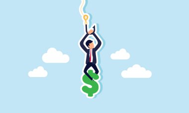 İp kancasından sallanan bir işadamı, dolarını ayaklarıyla güvence altına alıyor, enflasyon ve mali istikrarsızlığa karşı dolarları koruyarak servetini güvence altına alıyor.