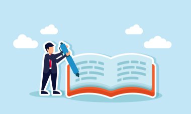 Bir iş adamı, gelecekte yapılacak iş değerlendirmelerine referans olarak yıllık rapor hazırlama konseptini kalemle bir deftere yazıyor.