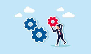 Her şeyin düzgün çalıştığından emin olmak için vites ayarlayan bir işadamı, ideal etkinlik için bir iş sistemi tasarlama konsepti