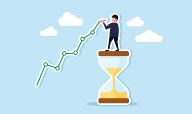 Kum saatinin üzerinde duran bir işadamı, artan bir grafik çiziyor, iş büyümesi ve gelişimi arasındaki ilişkinin zaman içinde tutarlı bir çabayla illüstrasyonu