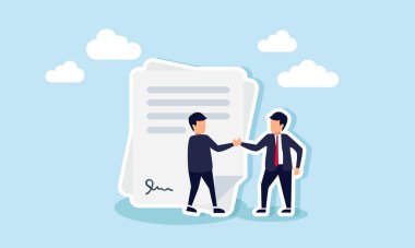 Bir iş adamı ve partneri bir sözleşme belgesi önünde el sıkışıyor, bir proje için iş ortakları arasında yapılan anlaşma illüstrasyon konsepti