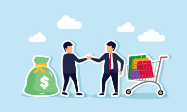 Bir iş adamı ve ortak para çantası ve alışveriş sepetiyle tokalaşırken, her iki tarafın da yararına olan projeleri değiş tokuş etme konsepti.