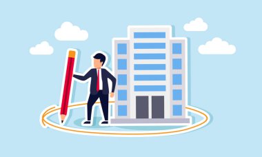 Bir işadamı, kendisi ve iş adamları için sınır veya koruma sağlayan bir bina etrafında daire çiziyor.