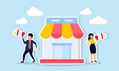 Bir işadamı ve işkadını, megafon, pazarlama hizmetleri veya işyerlerinin sunduğu ürünleri kullanarak mağazalarını tanıtıyorlar.