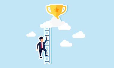 Bir işadamı bulutlardaki bir kupaya doğru merdivenleri çıkıyor, bir işadamı ya da çalışanın hedefleri vurmak ve şirket büyümesi için ödüller kazanmak için kaydettiği ilerlemenin bir göstergesi.
