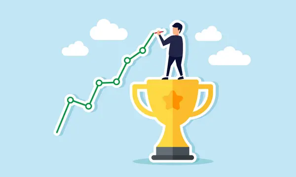 Bir kupa üzerinde duran bir işadamı, işinde yükselen bir eğilim, iş büyümesi ve gelişimi ile elde edilen başarılar arasındaki ilişkinin illüstrasyon konsepti
